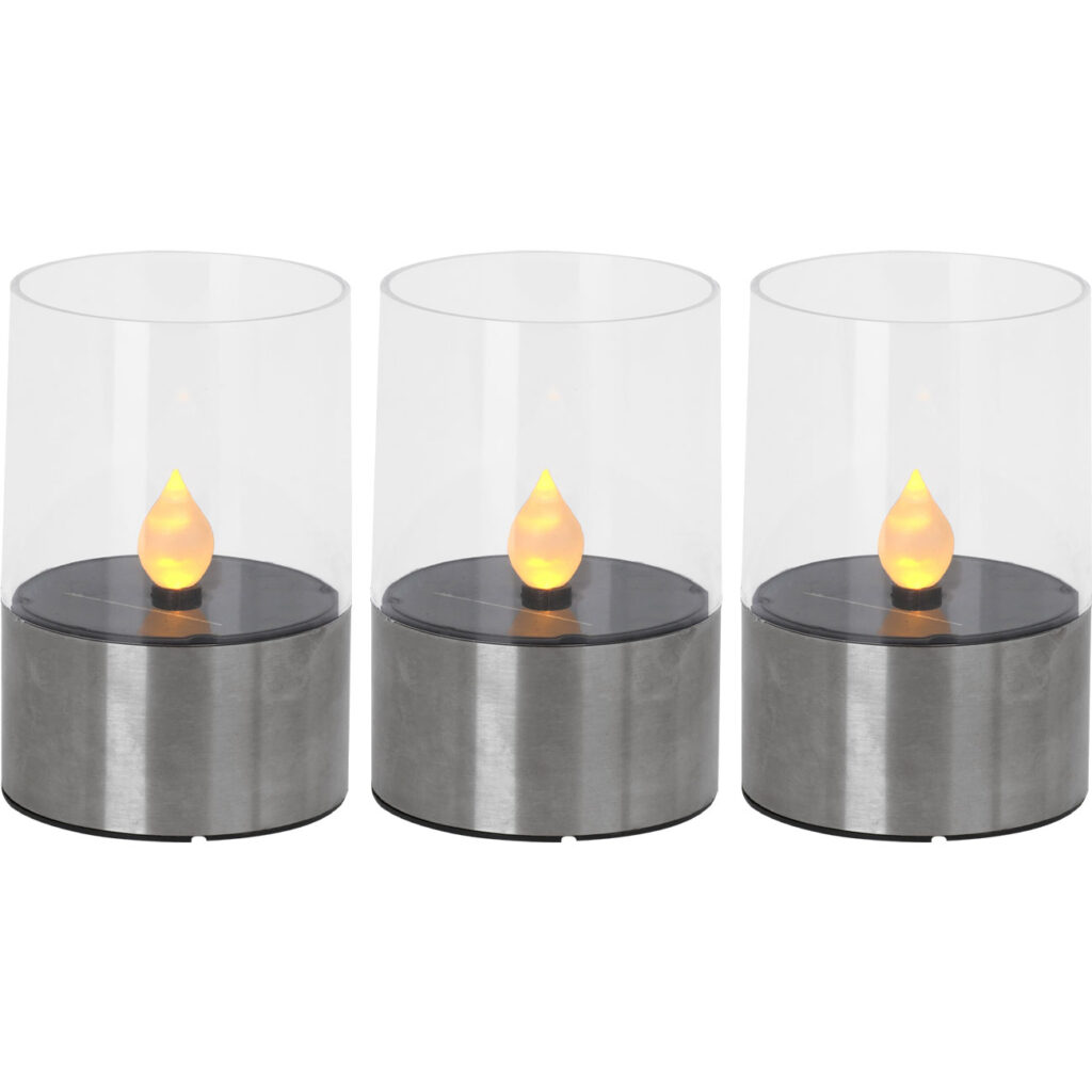 3er-Set Solar-Kerzenleuchte mit Edelstahl-Sockel, Ø 7,5 cm