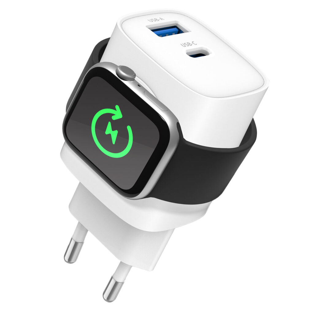 3in1 Ladegerät, kabelloser Ladeport kompatibel mit Apple Watch, USB-A & USB-C