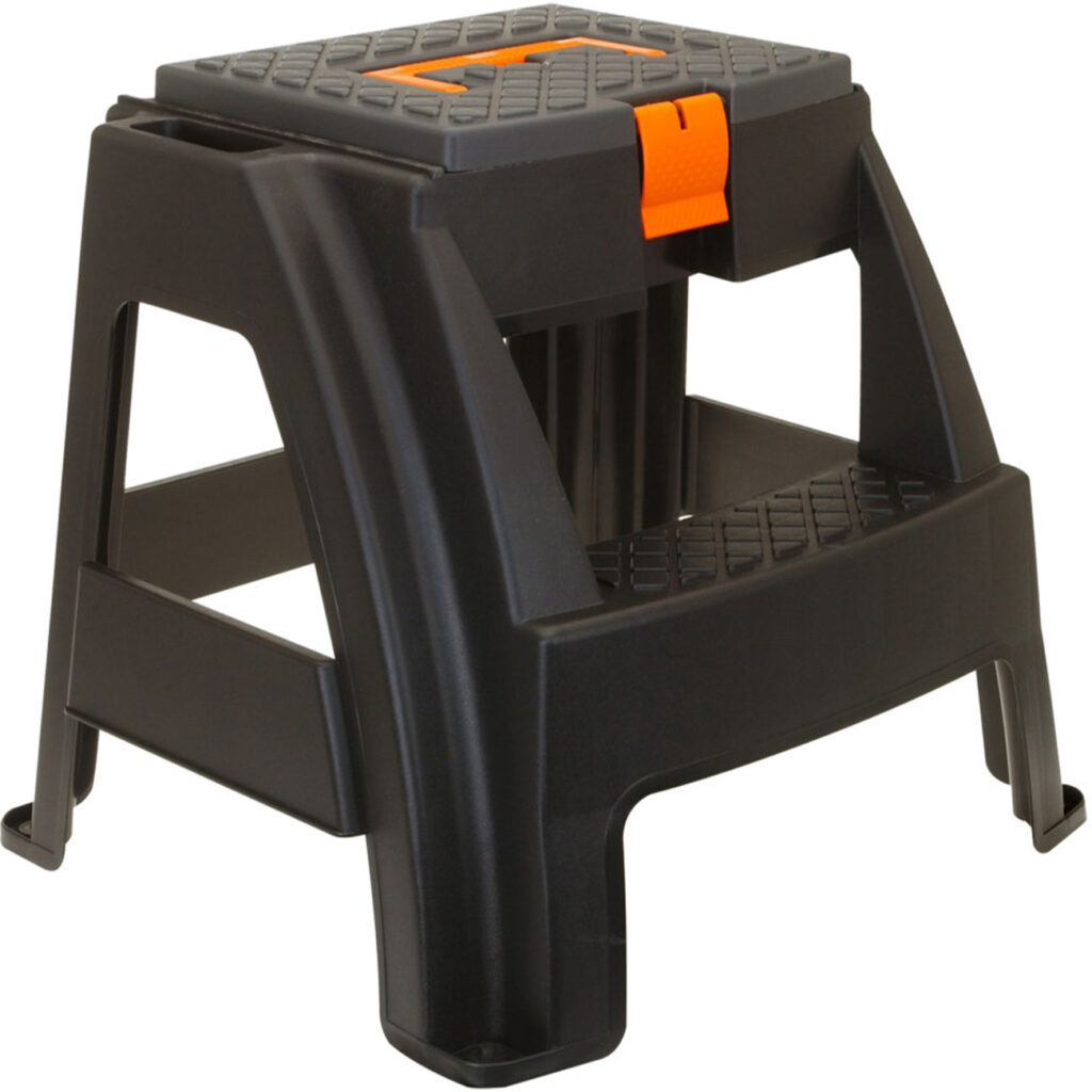 Tritthocker mit zwei Stufen und Werkzeugfach Tritthocker mit zwei Stufen und Werkzeugfach