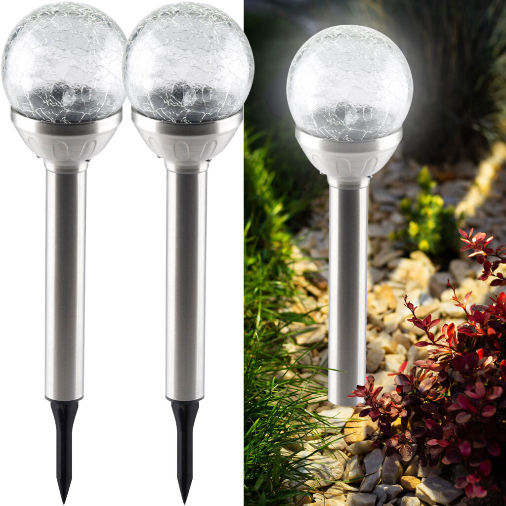 2er-Set Solar-Kugellampe mit Erdspiess für den Garten, H 34 x Ø 7,5 cm