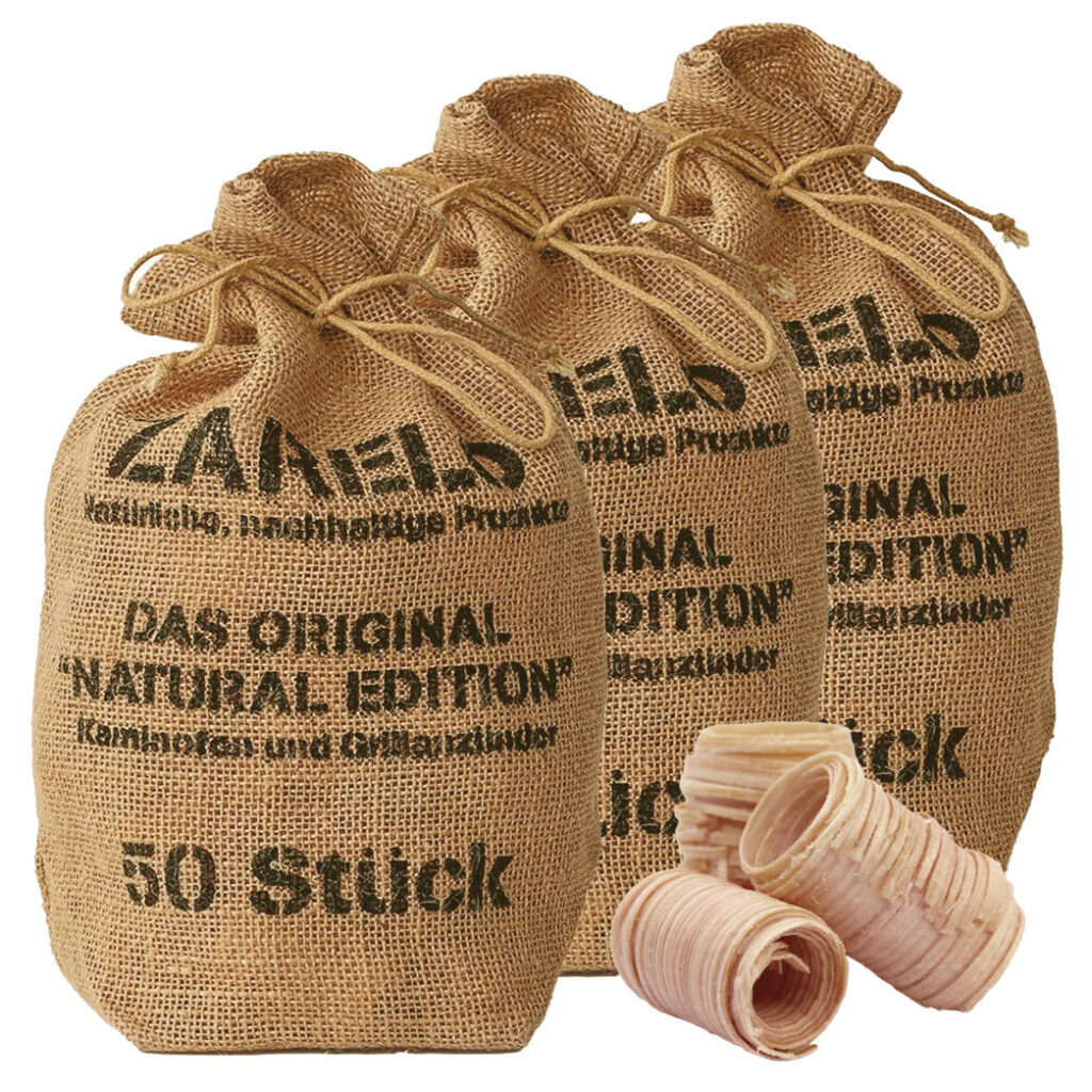 3er-Set Kamin- und Grillanzünder aus Naturholz, je 50 Stück im Jutebeutel 3er-Set Kamin- und Grillanzünder aus Naturholz, je 50 Stück im Jutebeutel