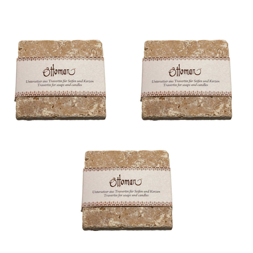 3er-Set Seifenablage aus Travertin, quadratisch, kräftig-braun, 10 x 10 cm