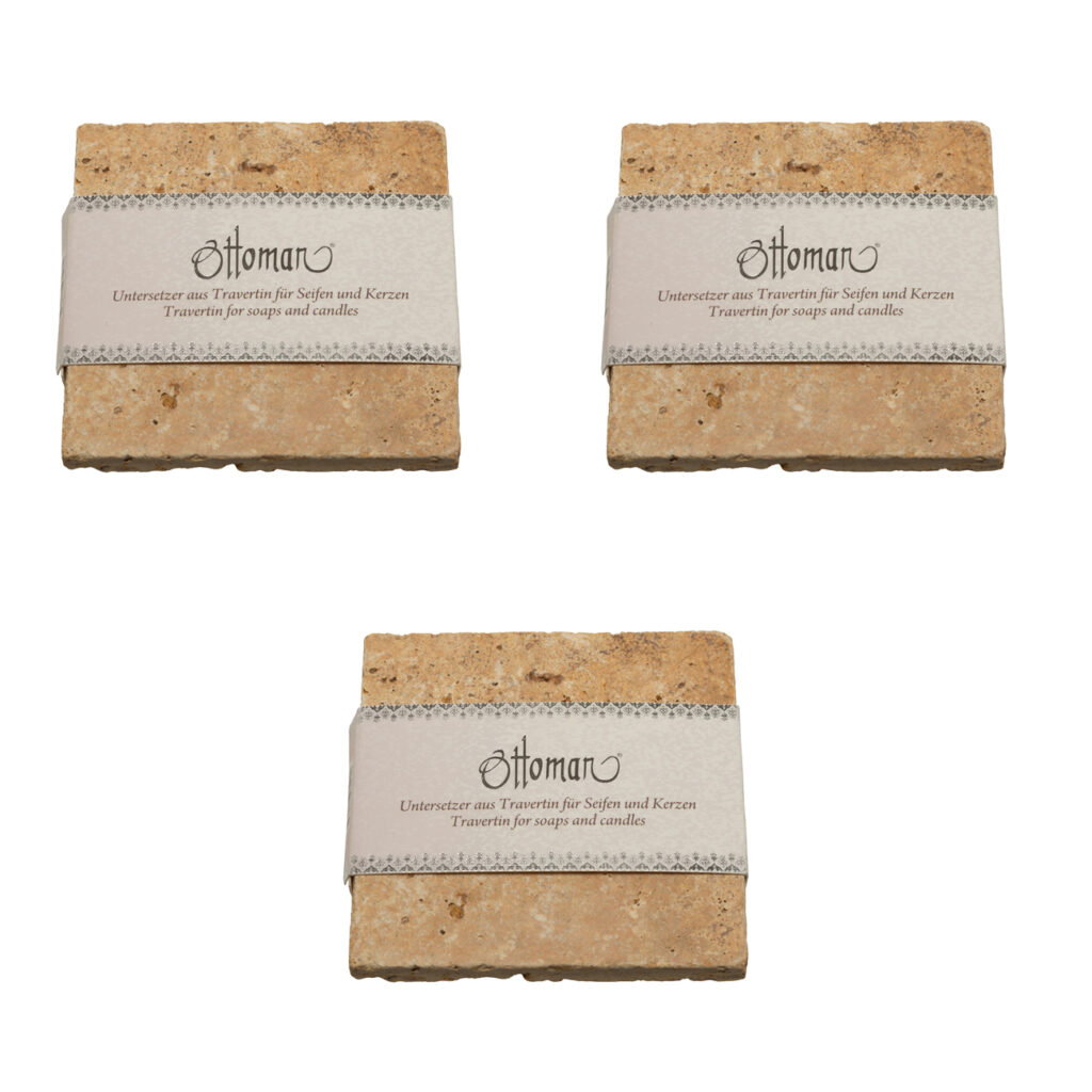 3er-Set Seifenablage aus Travertin, quadratisch, Farbton gold-gelb, 10 x 10 cm