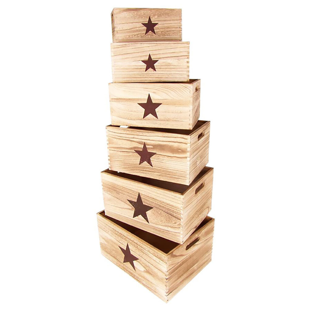 Deko-Holzboxen „Stern“, 6er-Set, Holzkiste, Ordnungsbox