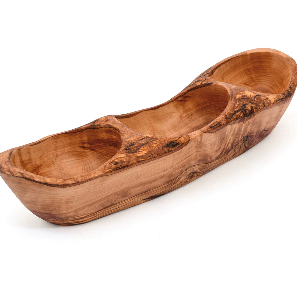 Knabberschale, Servierschale 3 Fächer, 33 x 10 x 3 bis 7cm, Olivenholz