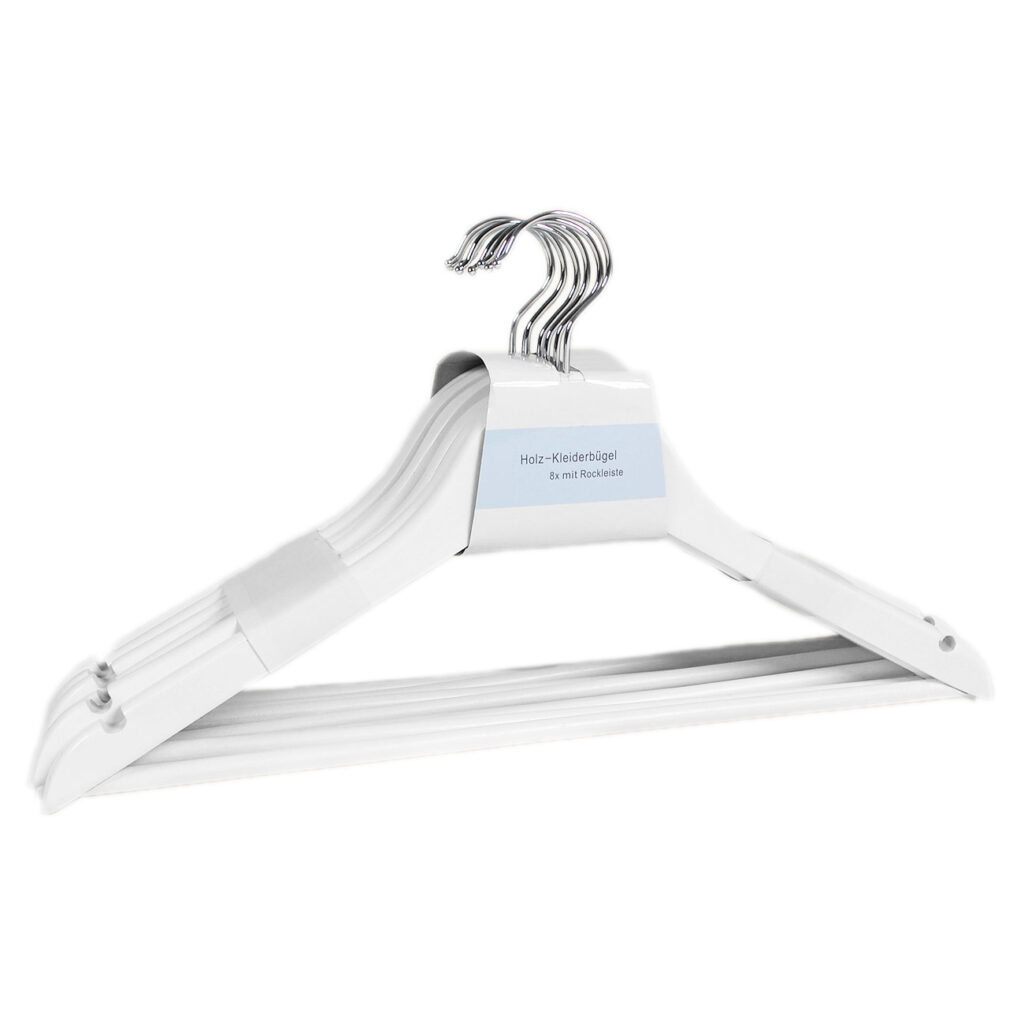 8 Holz-Kleiderbügel mit Rockkerbe und Steg, weiss