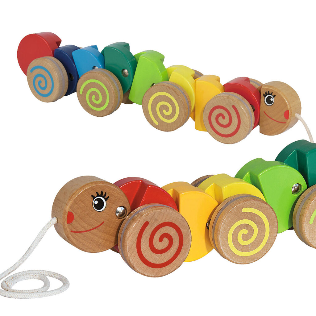 Nachziehtier Raupe aus Buchenholz, bewegliche Glieder, Länge 32cm