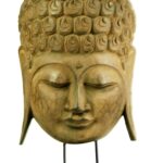 Buddha-Maske auf Ständer aus Albesia-Holz, Höhe 65 cm