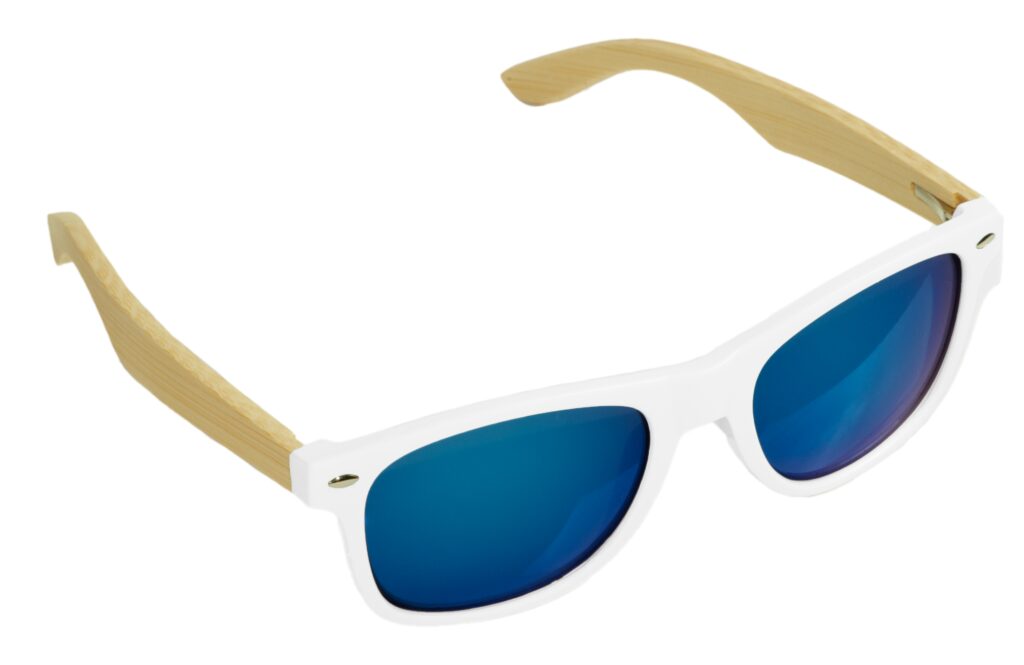 Sonnenbrille Bambus, hellbraun, weisser Rahmen, Spiegelgläser blau