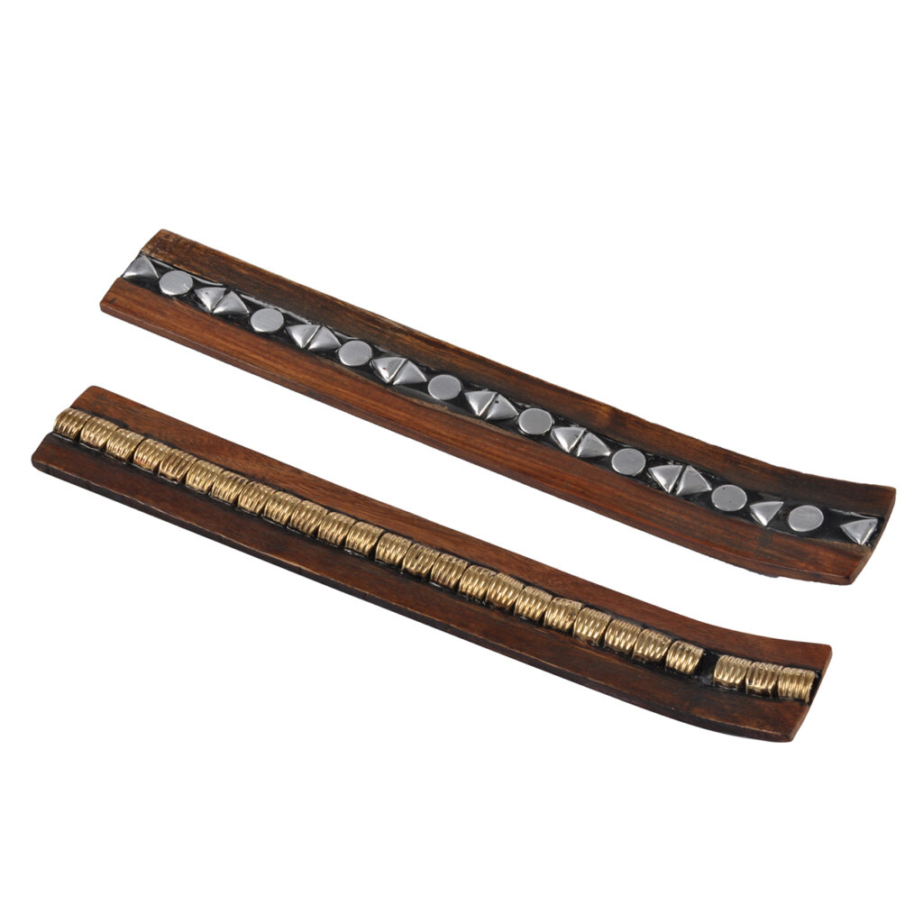 Räucherstäbchenhalter aus Holz, Metallfinish gold oder silber, 26 cm