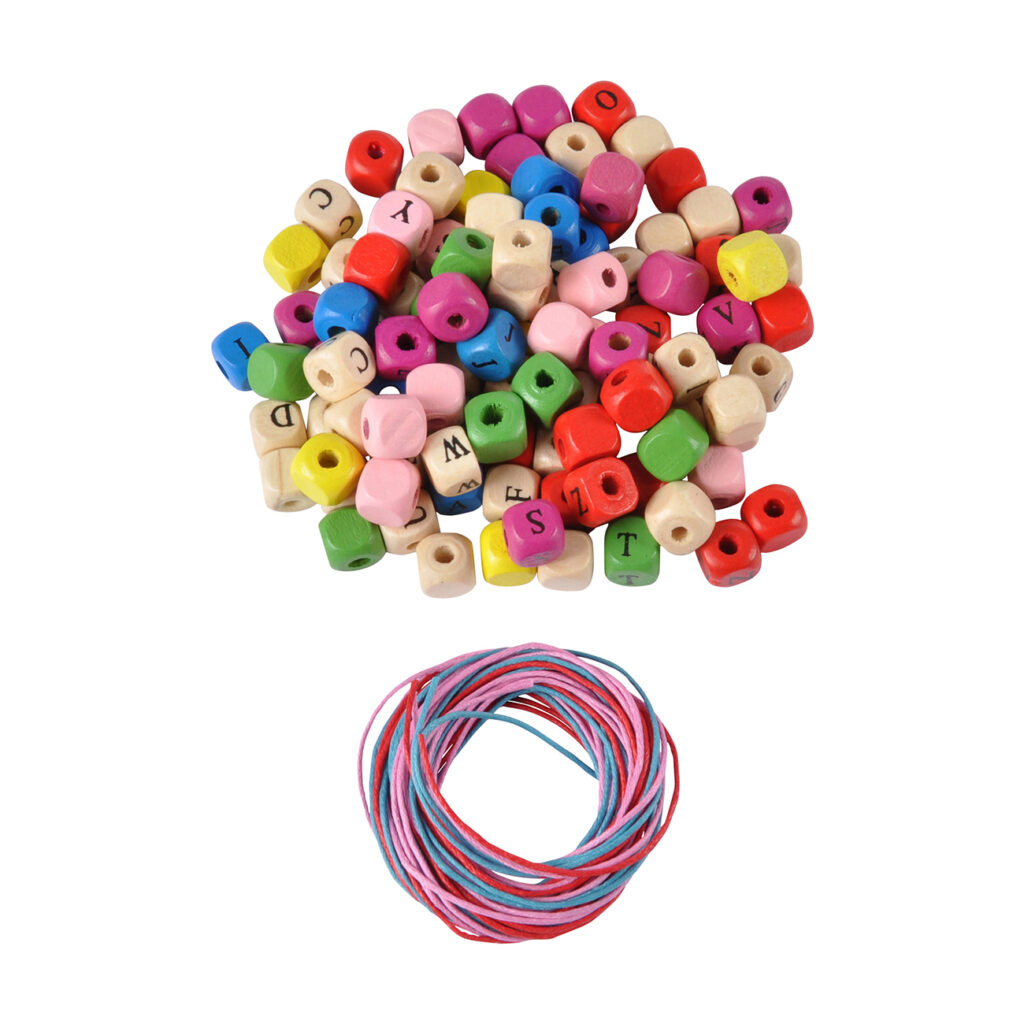 Holzperlen-Mix, bunte Perlen mit Loch und Bänder zum Auffädeln