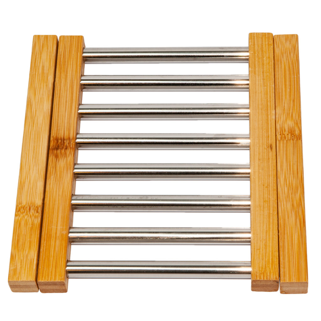 Ausziehbarer Untersetzer aus Bambus, Streben aus Edelstahl