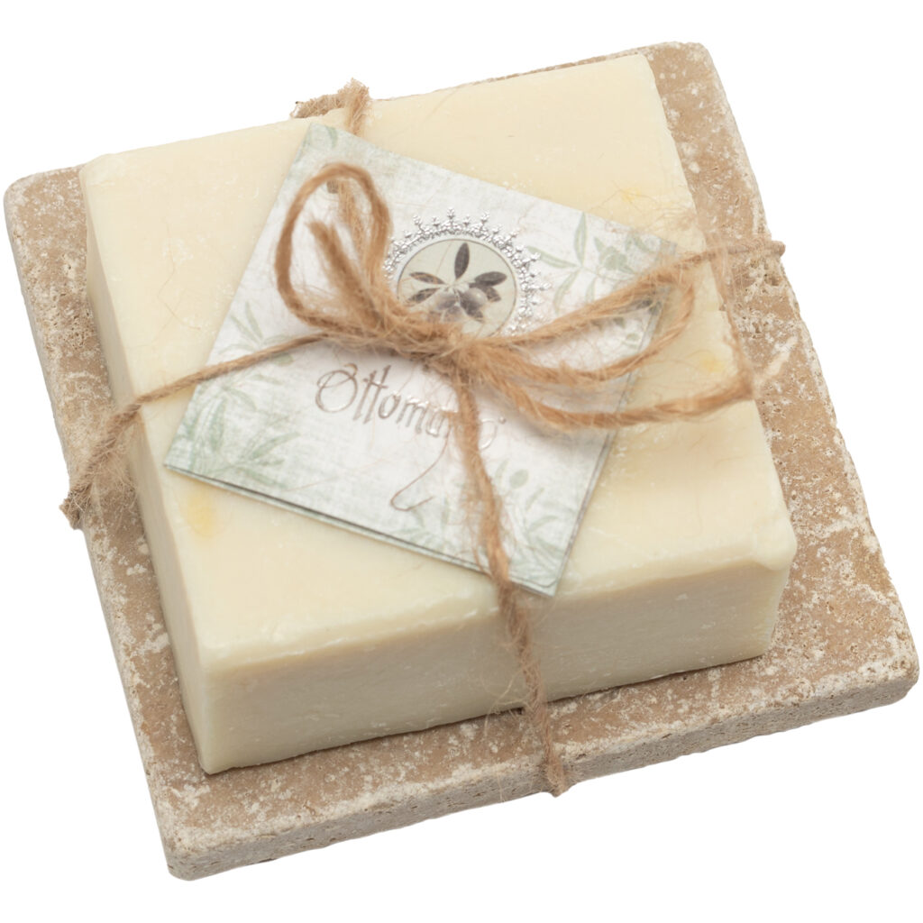 Hamam-Seife mit Oliven-Öl, mit Seifenablage aus Travertin