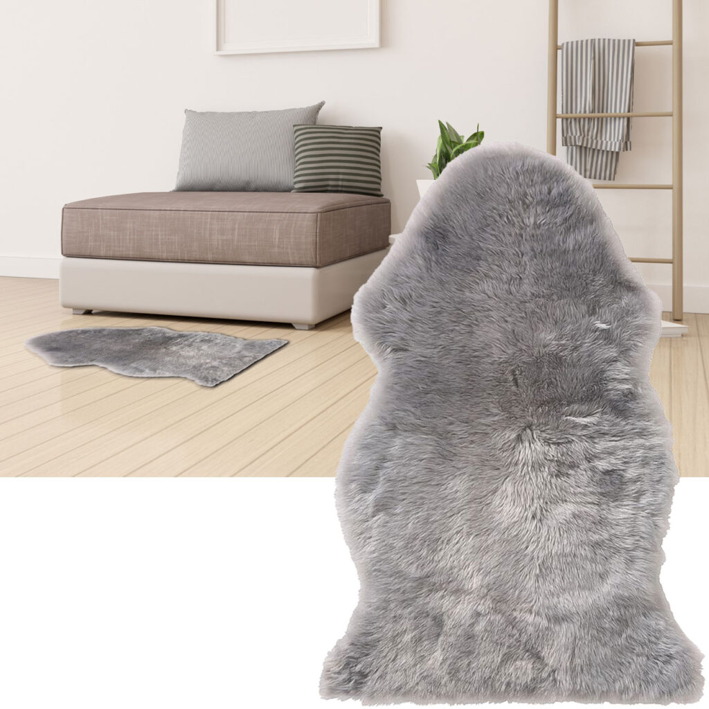 Echtes Schaffell, Lammfell Teppich, flauschig & weich, grau,  90 x 60 cm