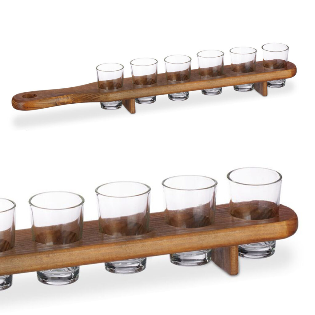 Schnapsbrett aus Holz mit 6 Gläsern, ca. 3,5 x 45 x 6,5 cm