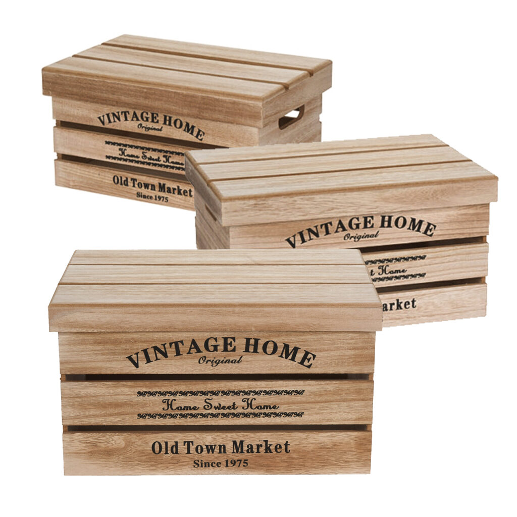 3er-Set Deko-Holzkisten, mit Deckel, ineinander stapelbar, schwarze Aufschrift