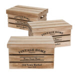 3er-Set Deko-Holzkisten, mit Deckel, ineinander stapelbar, schwarze Aufschrift