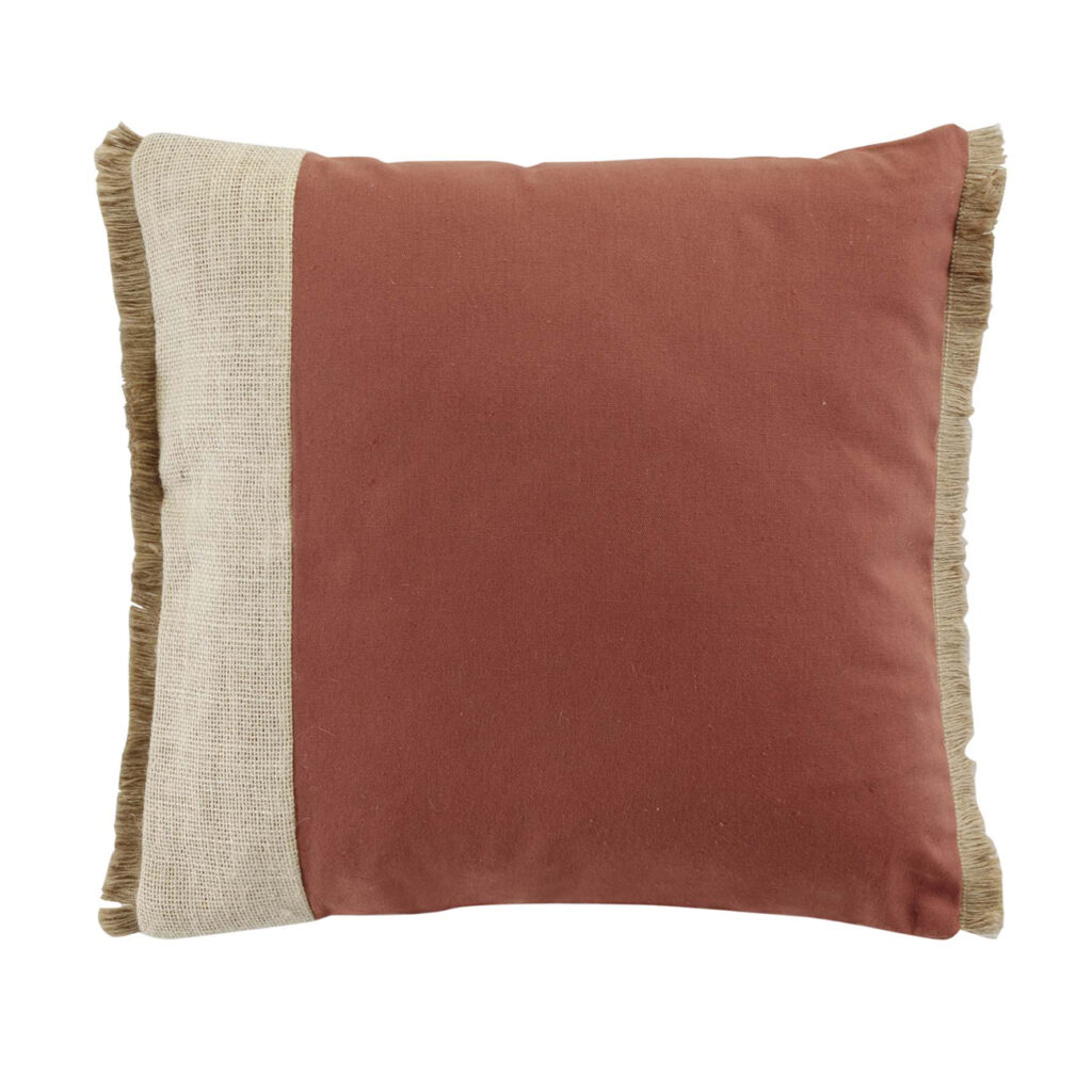 Kissen aus Baumwolle und Jute, mit Fransen, rostrot, beige, braun, 40 x 40 cm
