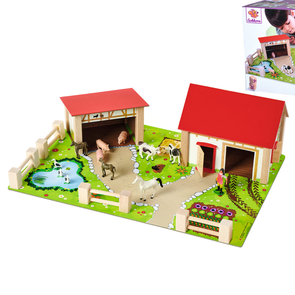 20-teiliger Bauernhof aus Holz, mit 2 Gebäuden, Spielplatte, Figuren, Tiere, Zäune