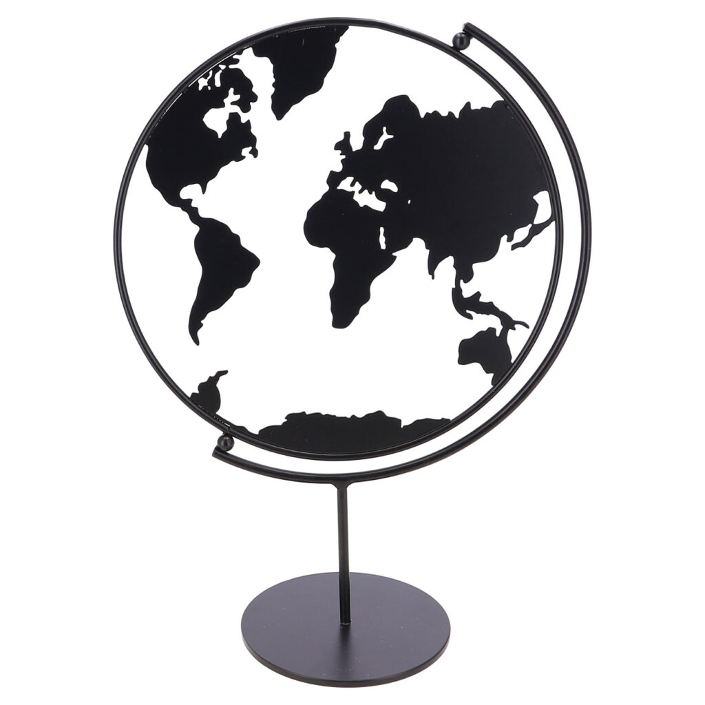 Deko Figur Weltkarte aus Metall, Standdekoration zum Drehen, schwarz, 21 x 10 x 28 cm