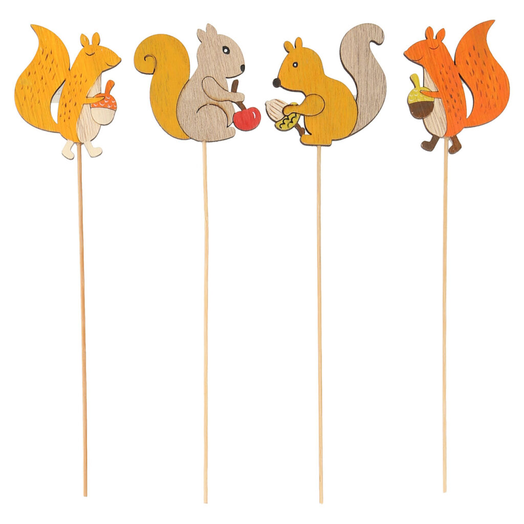 Blumentopfstecker, 4er-Set, Eichhörnchen, Blumenstecker aus Holz, Länge Motiv 6 cm