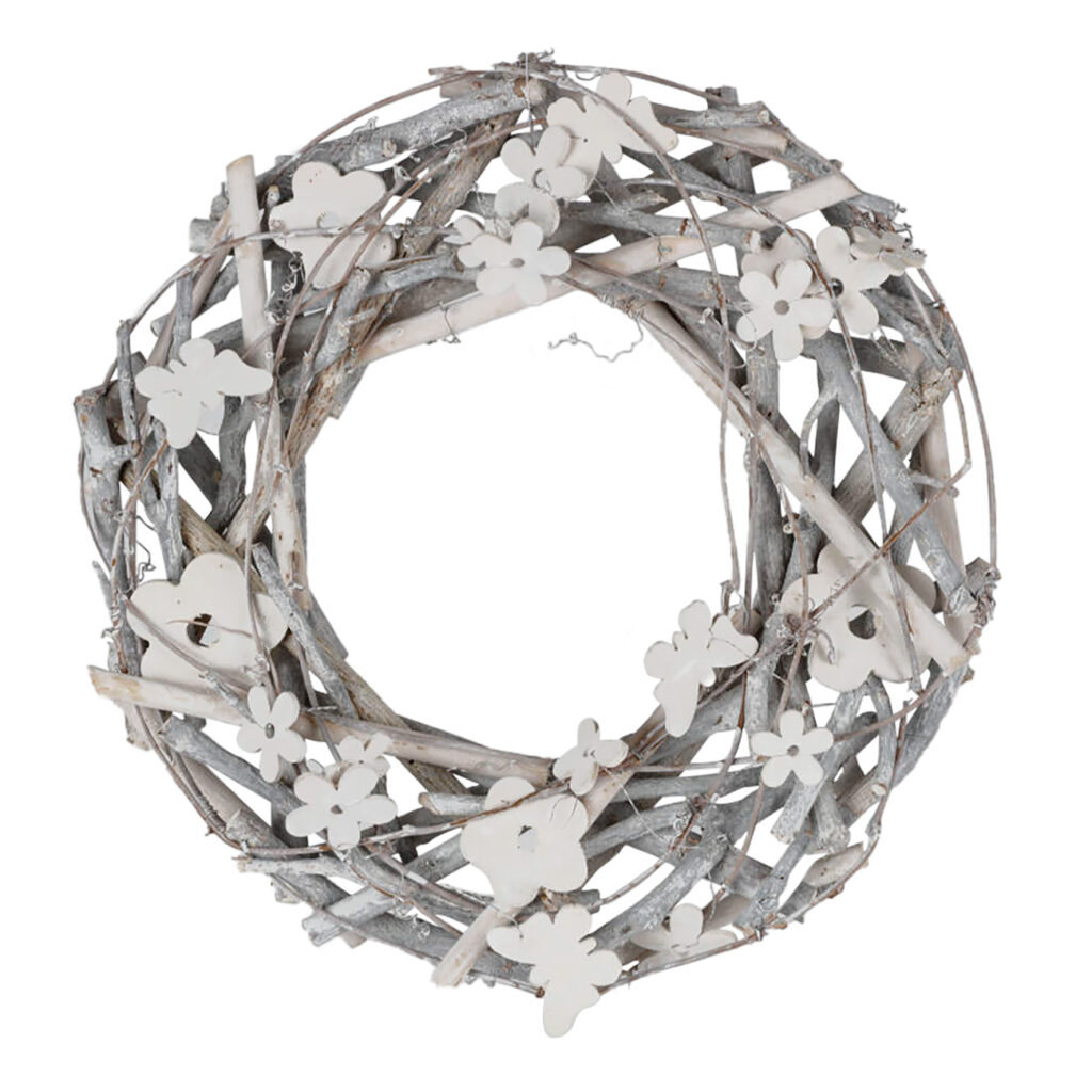 Weidekranz mit Blumen und Schmetterlingen aus Holz, Türkranzaus Weide, 30 x 7 cm