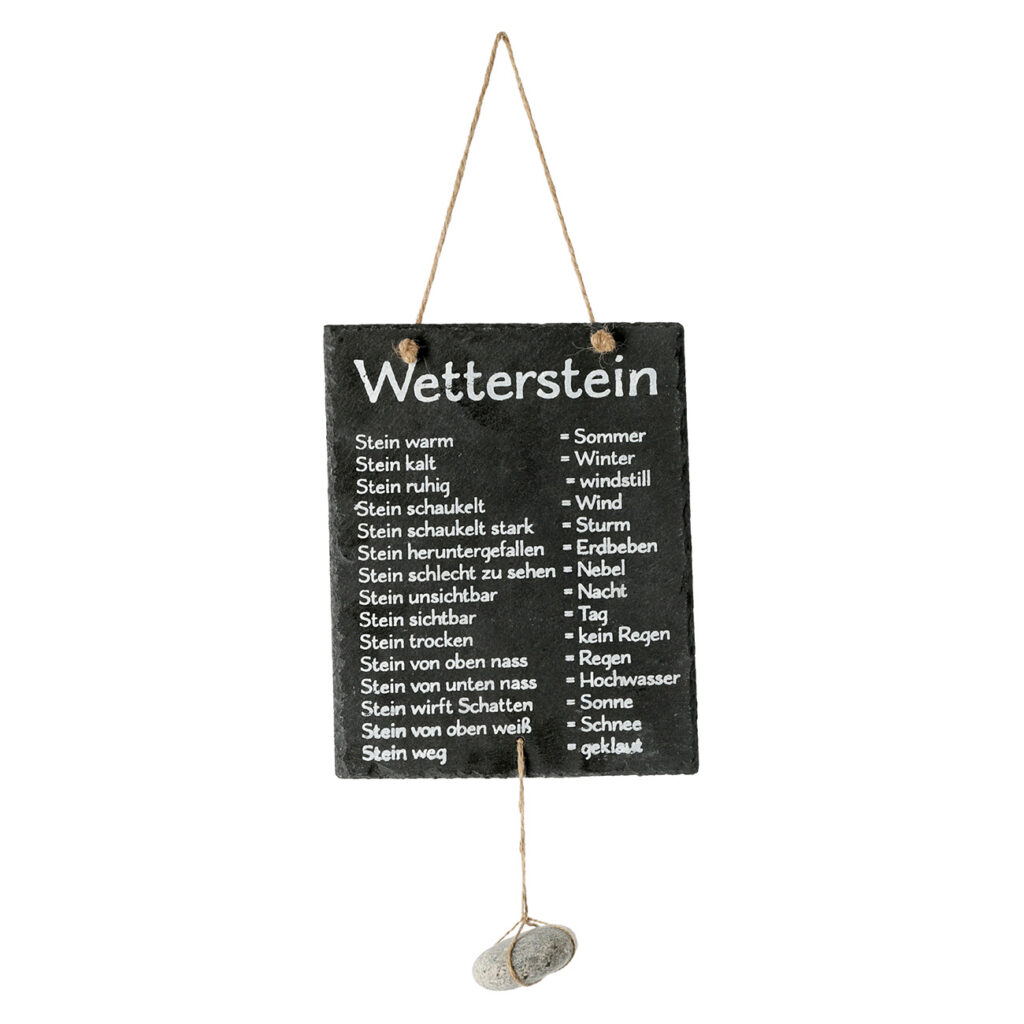 Lustiger Wetteranzeiger mit Stein, Deko Schiefertafel mit Aufdruck, 20 x 25 cm