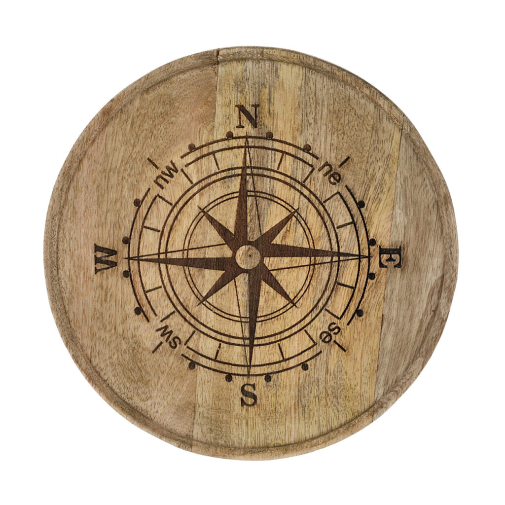 Deko-Teller Mangoholz Windrose, rundes Tablett mit erhöhtem Rand, 20 x 3 x 20 cm