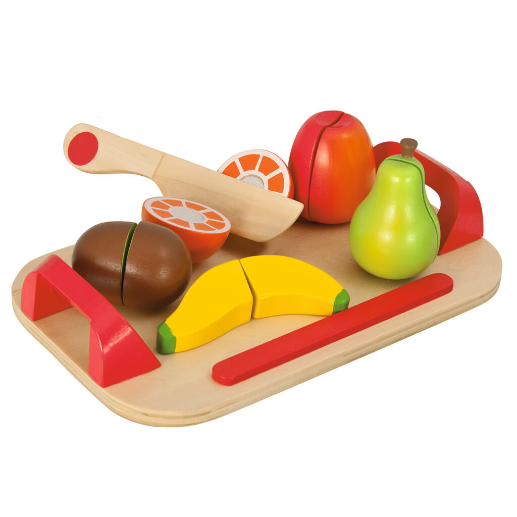 Kinderschneidebrett mit Früchten 12-teilig, Lernspielzeug aus Holz, 26 x 16,5 cm