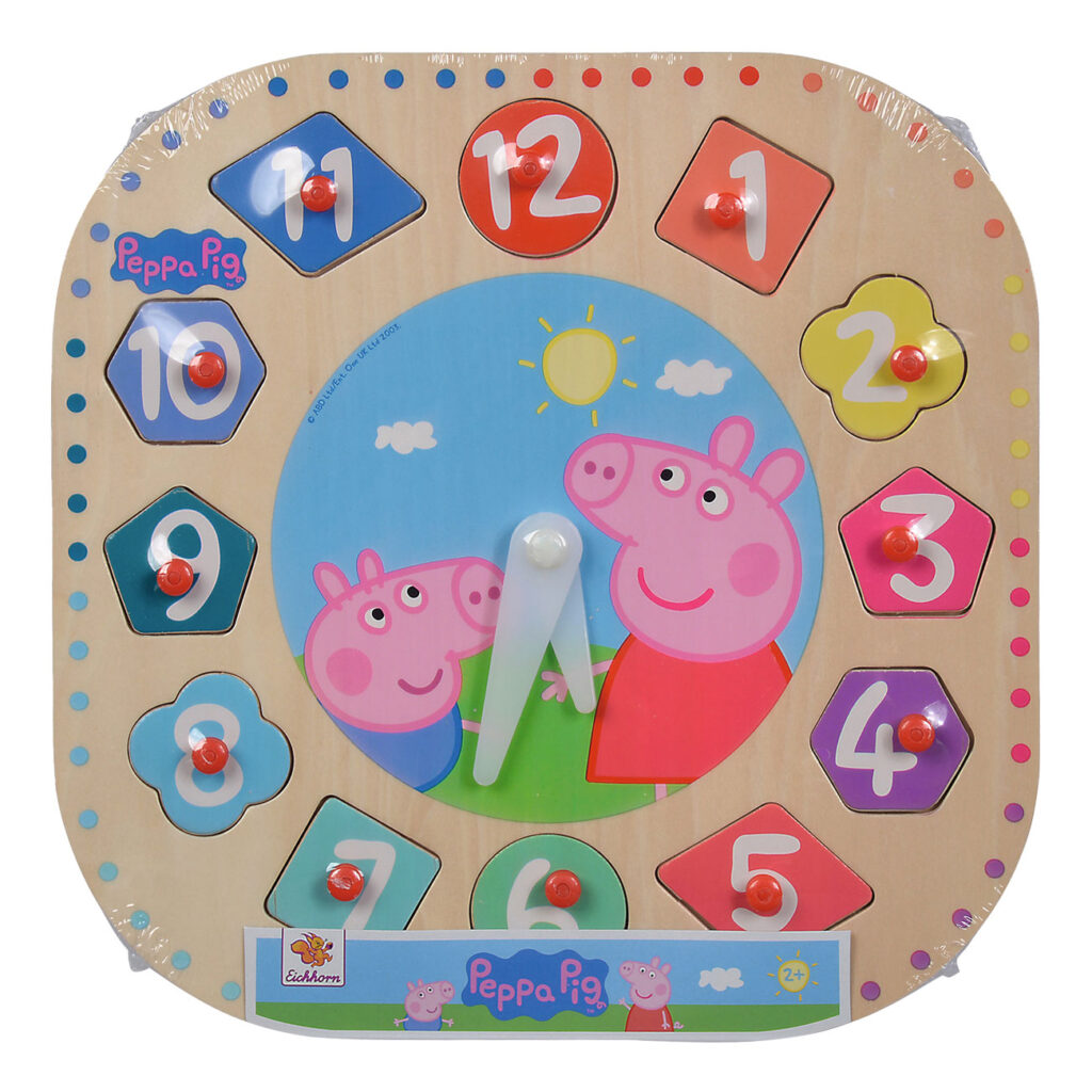Lernuhr Peppa Wutz aus Holz, Lernspielzeug Uhr mit 12 Steckteilen, 25 x 25 x 4 cm