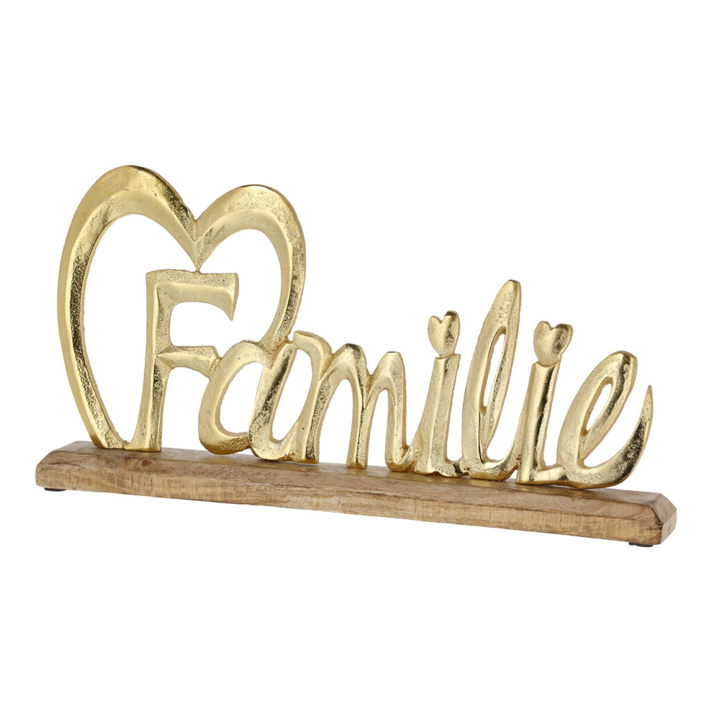 Schriftzug Familie, Aufsteller Mangoholz und Aluminium, braun, gold, 42 x 21 x 5 cm
