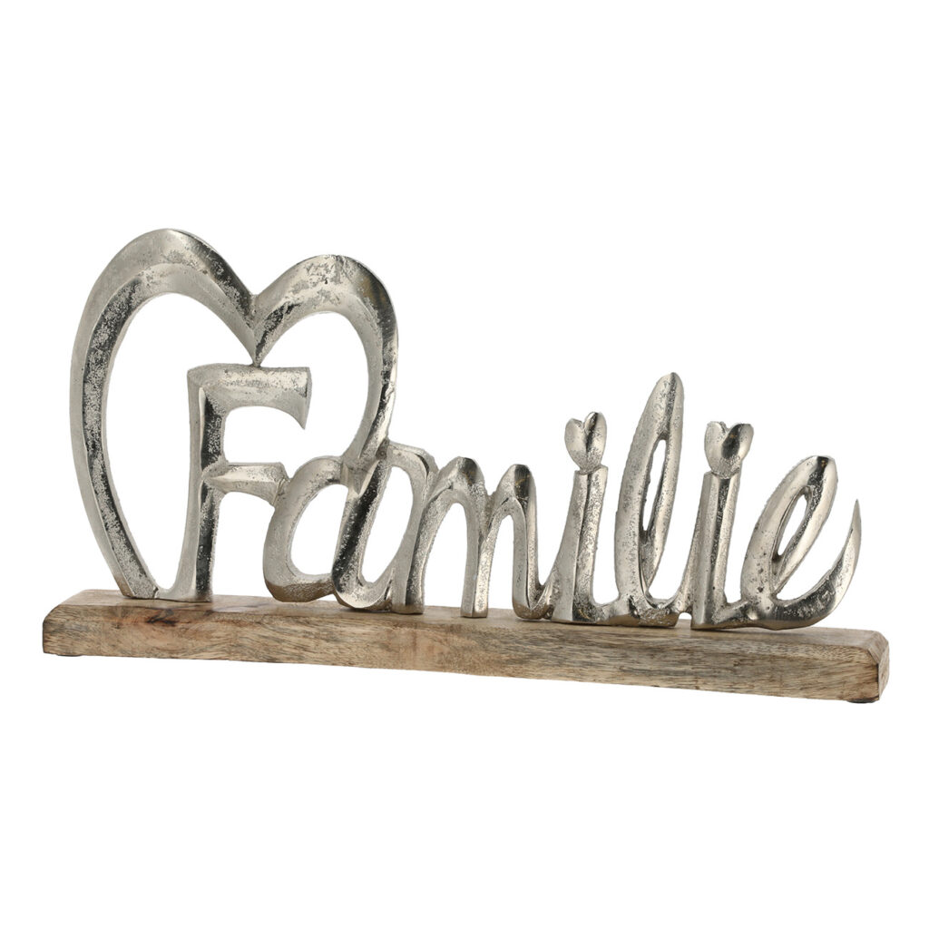 Schriftzug Familie, Aufsteller Mangoholz und Aluminium, braun, silber, 42 x 21 x 5 cm