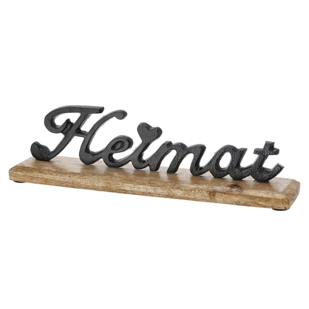 Schriftzug Heimat, Aufsteller Mangoholz und Aluminium, braun, schwarz, 2 x 8 x 6,5 cm