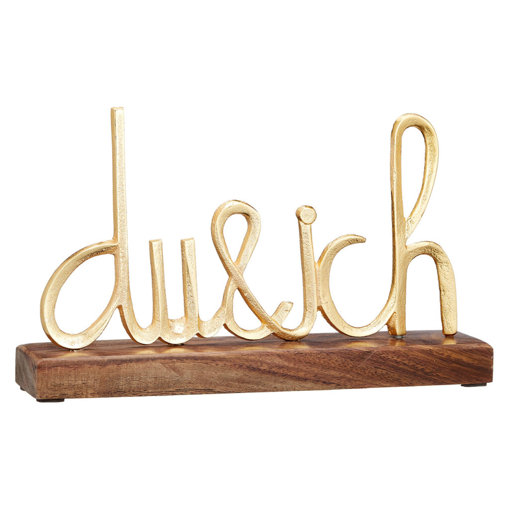 Schriftzug du und ich, Aufsteller Mangoholz und Aluminium, braun, gold, 25 x 15 x 5 cm