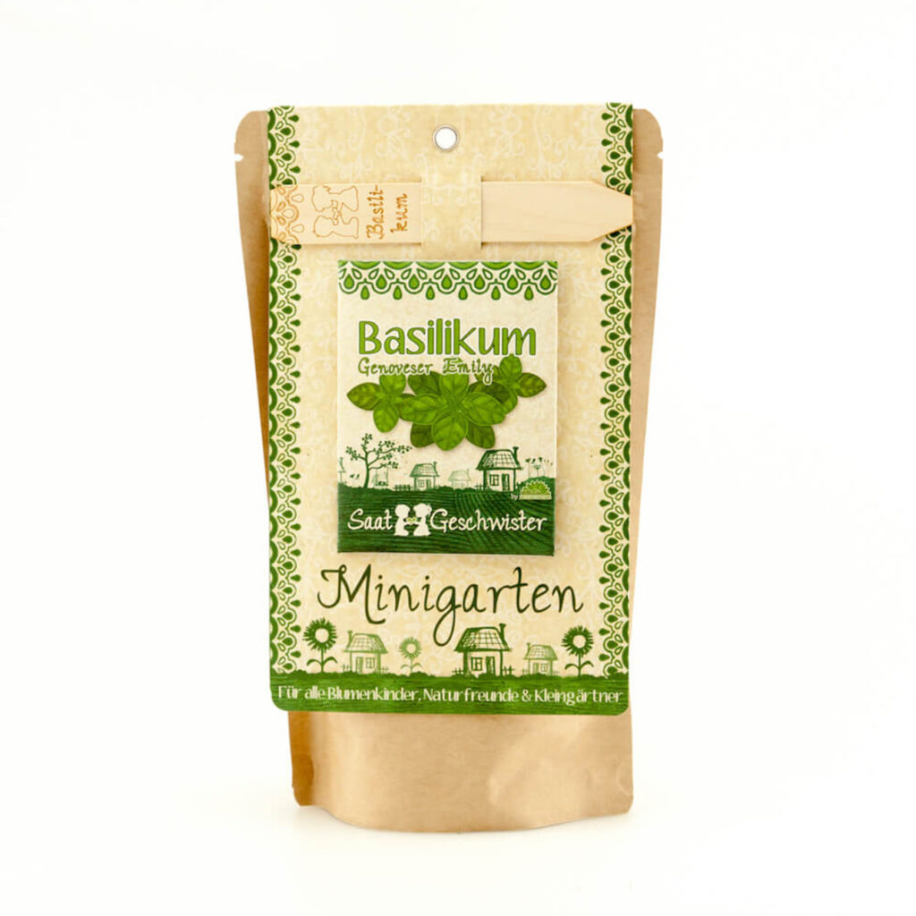 Saatgut Set für Basilikum, Samen mit Gartenerde, Saatgut, Anleitung, Pflanzstäbchen
