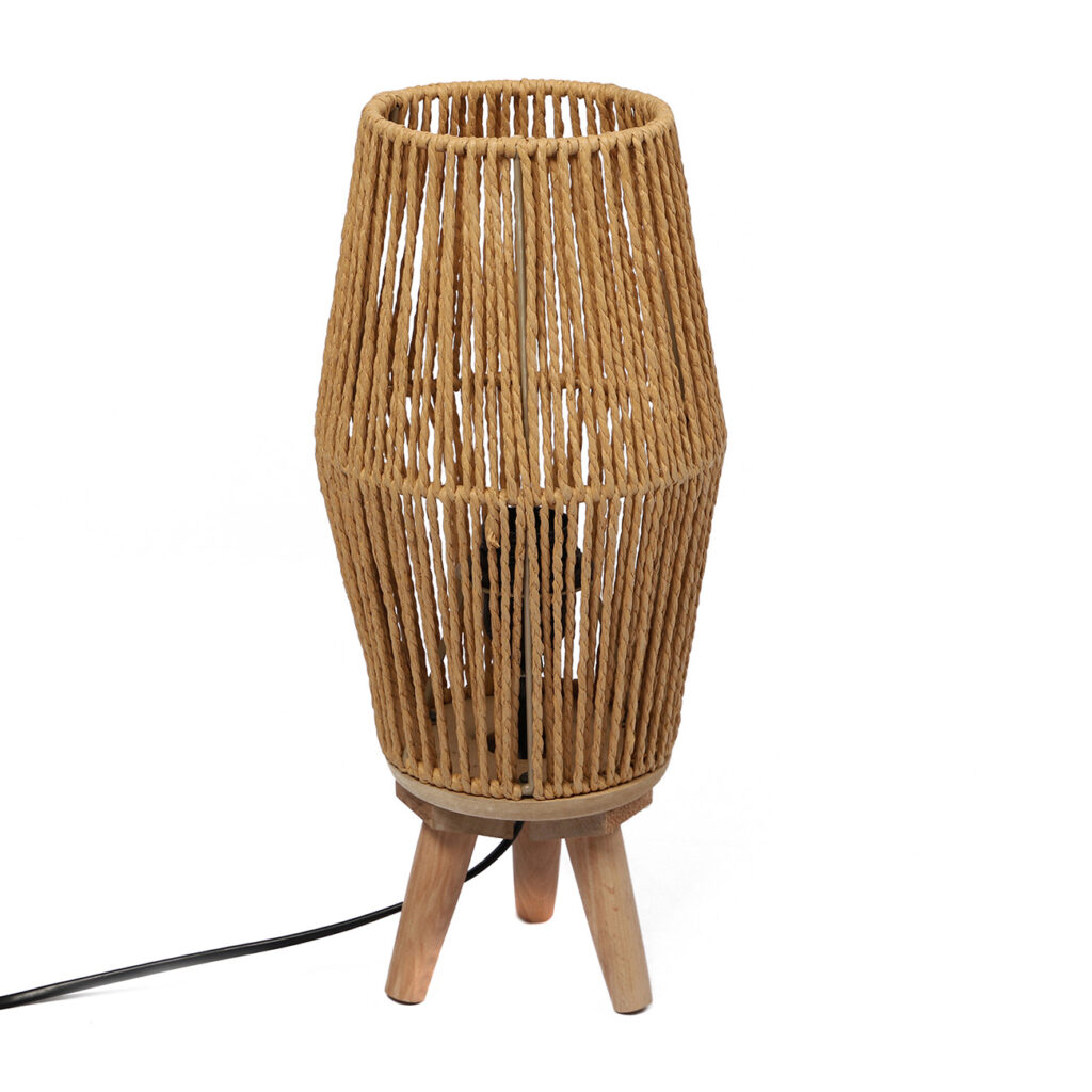 Lampe aus Seil und Holz, Tischleuchte mit Holzgestell, braun, 17 x 17 x 39 cm