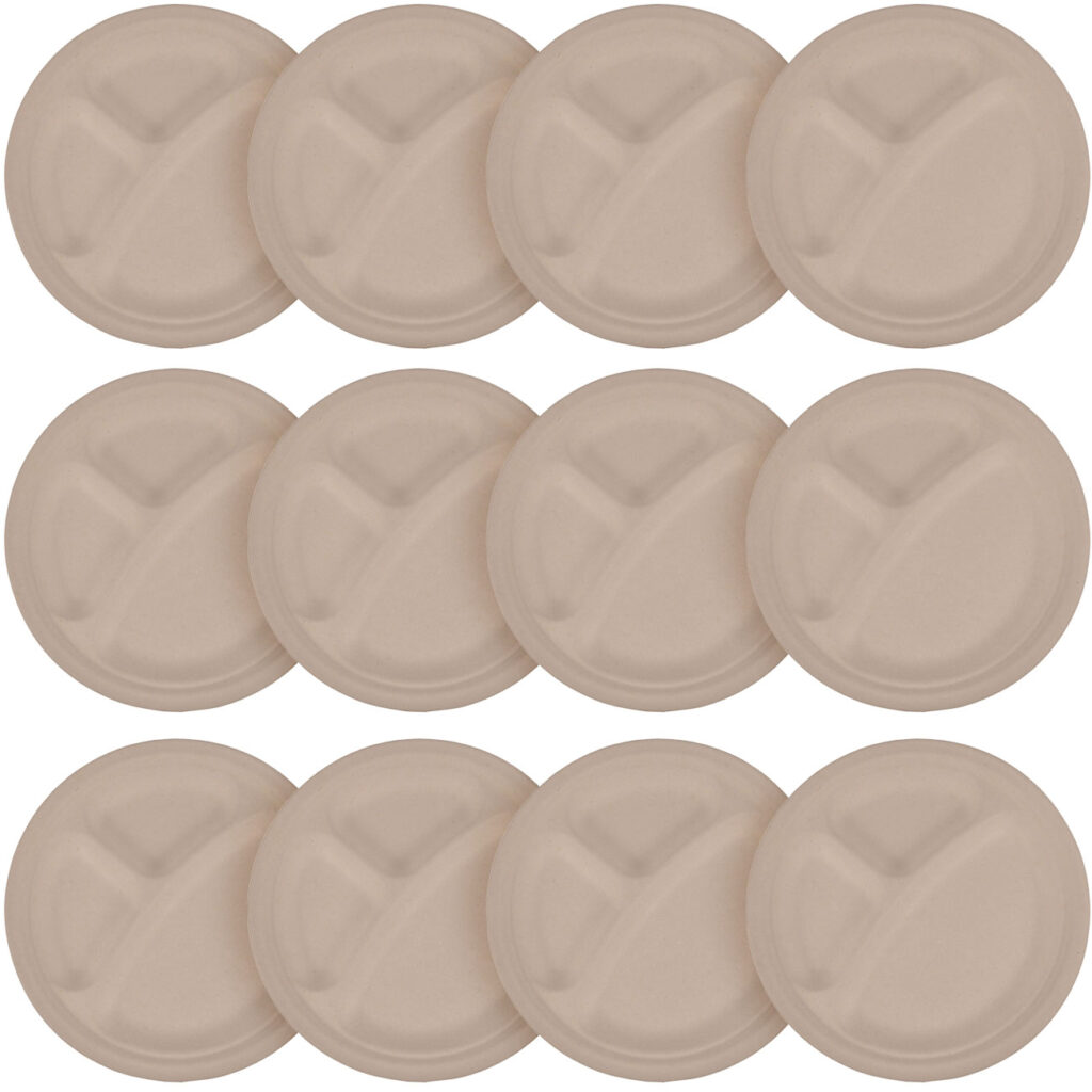 Teller rund aus Zuckerrohr 12er-Set, Teller biologisch abbaubar, 23 x 23 cm