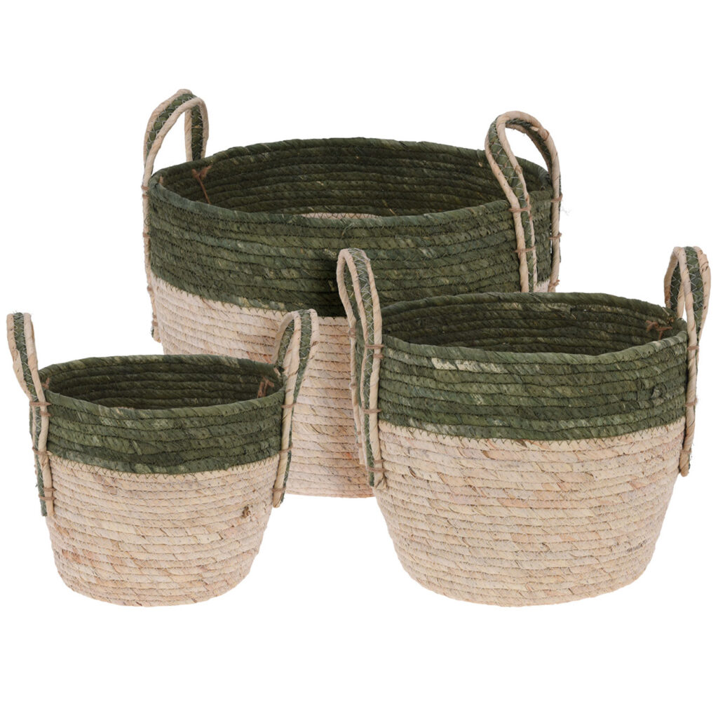 Zweifarbige Aufbewahrungskörbe rund mit Henkel, 3er Set, grün/beige