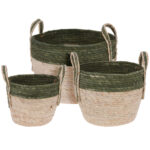 Zweifarbige Aufbewahrungskörbe rund mit Henkel, 3er Set, grün/beige