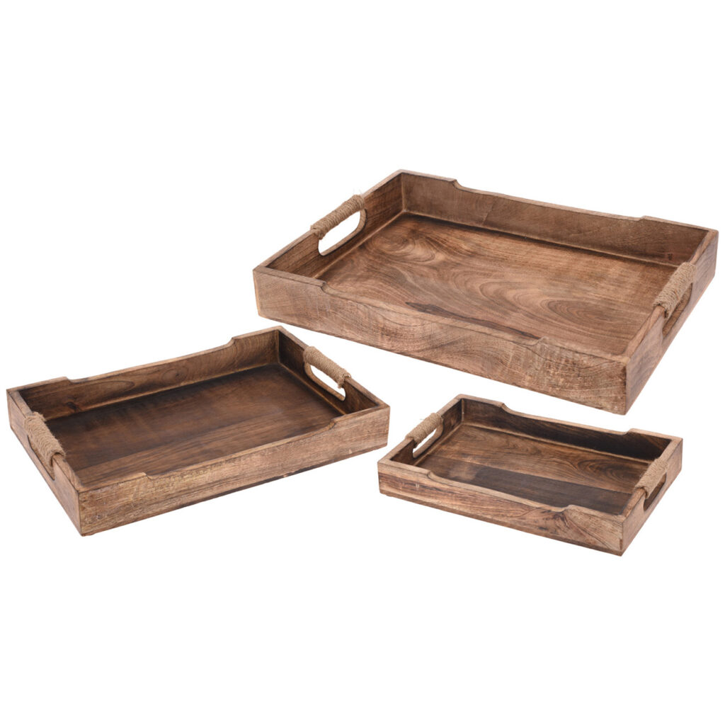 Tablett 3er-Set, Serviertablett, Mangoholz, Naturseil, Braun gemasert