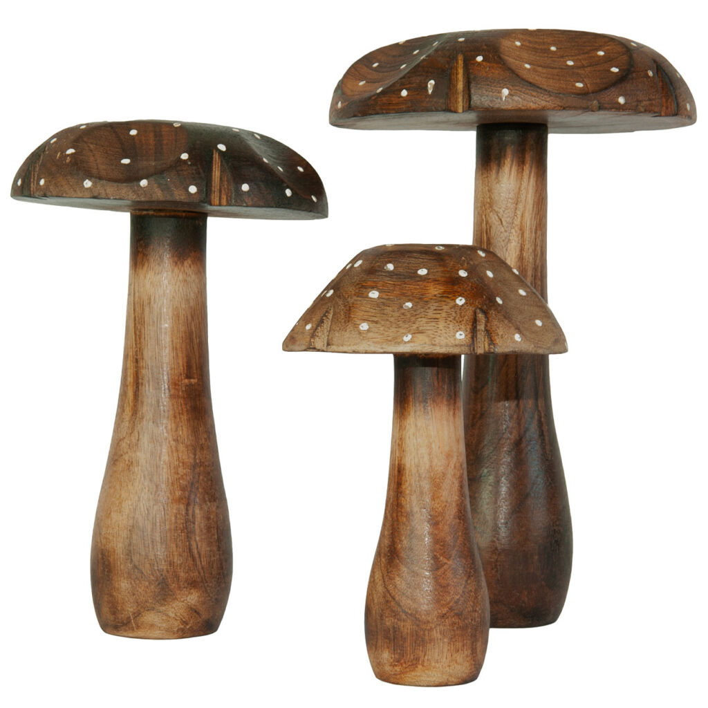 Deko Pilze schmal 3er-Set aus Mangoholz, Holz Skulpturen Pilze unterschiedliche Grössen