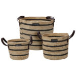 Aufbewahrungskörbe rund, 3er Set, braun-schwarz gestreift, Leder und Maisgeflecht