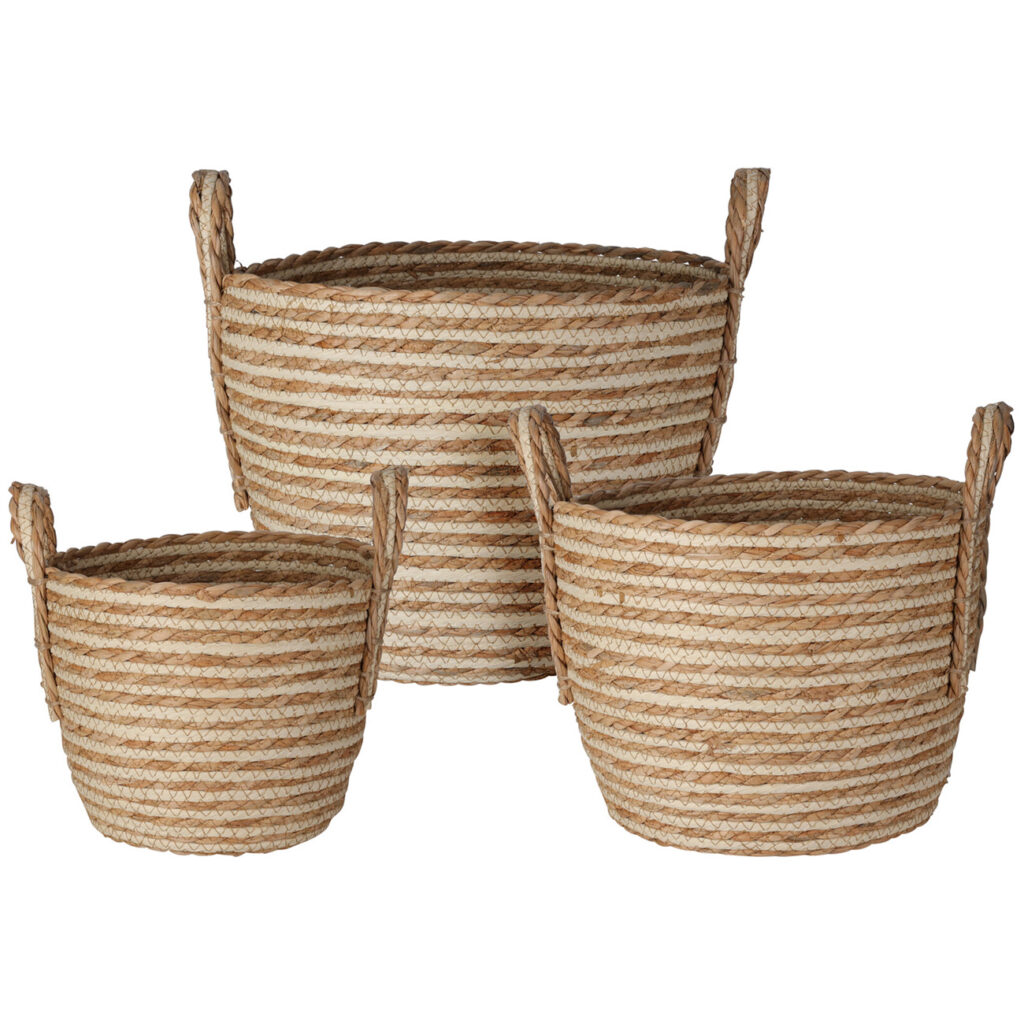 Seilkorb im 3er Set, Aufbewahrungskörbe mit Henkel aus Stroh und Baumwolle
