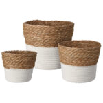 Körbe rund, 3er-Set aus weisser Baumwolle und Naturgeflecht