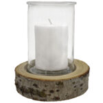Kerzenglas auf Holzsockel, Windlicht Natur, weiss, braun, Ø 10 x 13,5 cm, Ø 15 x 4 cm