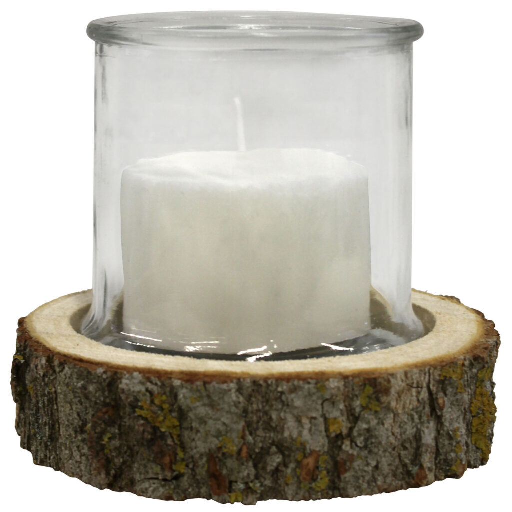 Kerzenglas auf Holzsockel, Windlicht Natur, weiss, braun, Ø 13 x 13 cm, Ø 18 x 4 cm