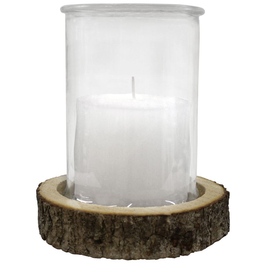 Kerzenglas auf Holzsockel, Windlicht Natur, weiss, braun, Ø 15 x 21 cm, Ø 21 x 4 cm