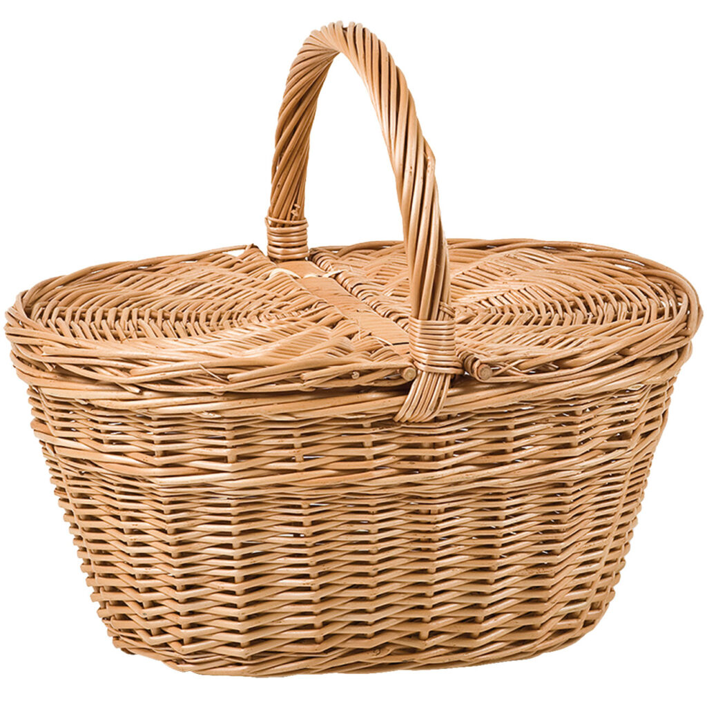 Korb aus gesottener Vollweide, Korb oval mit Deckel und Henkel, braun, 28 x 19 x 34 cm