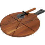 Pizzabrett, Schneidebrett, aus Akazienholz, rund, mit Haltegriff und Pizzamesser, Ø 30 cm