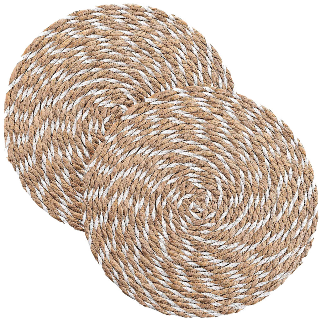 2er Tischsets aus Stroh- und Polyester-Geflecht, Platzdeckchen rund, braun, weiss, Ø 38 2er Tischsets aus Stroh- und Polyester-Geflecht, Platzdeckchen rund, braun, weiss, Ø 38